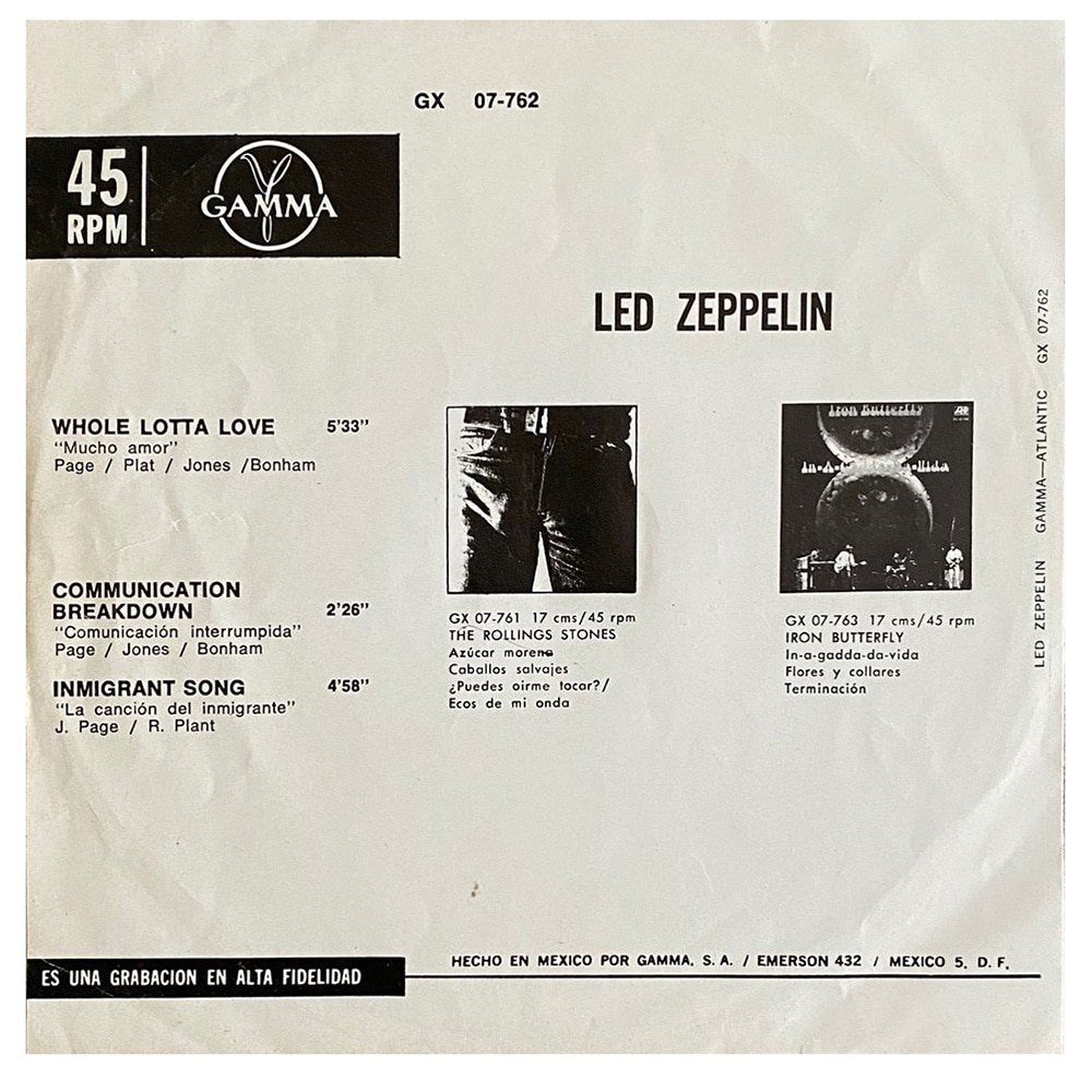 Single <br>Mexico (GX07-762) <br>Whole Lotta Love / Communication Breakdown / Immigrant Song (#2) - Image 2