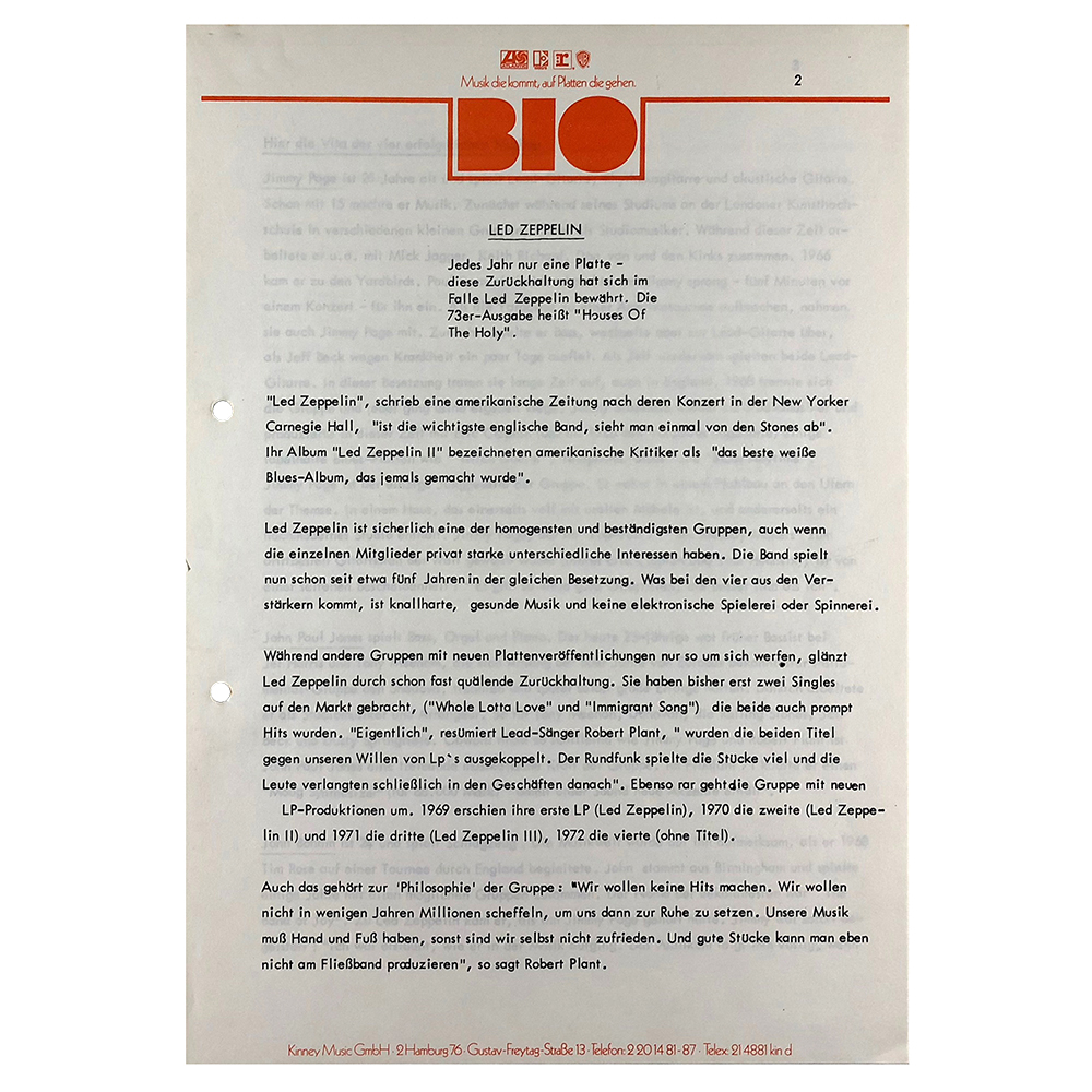 Houses of the Holy (1973) <br>Press Release (Germany)