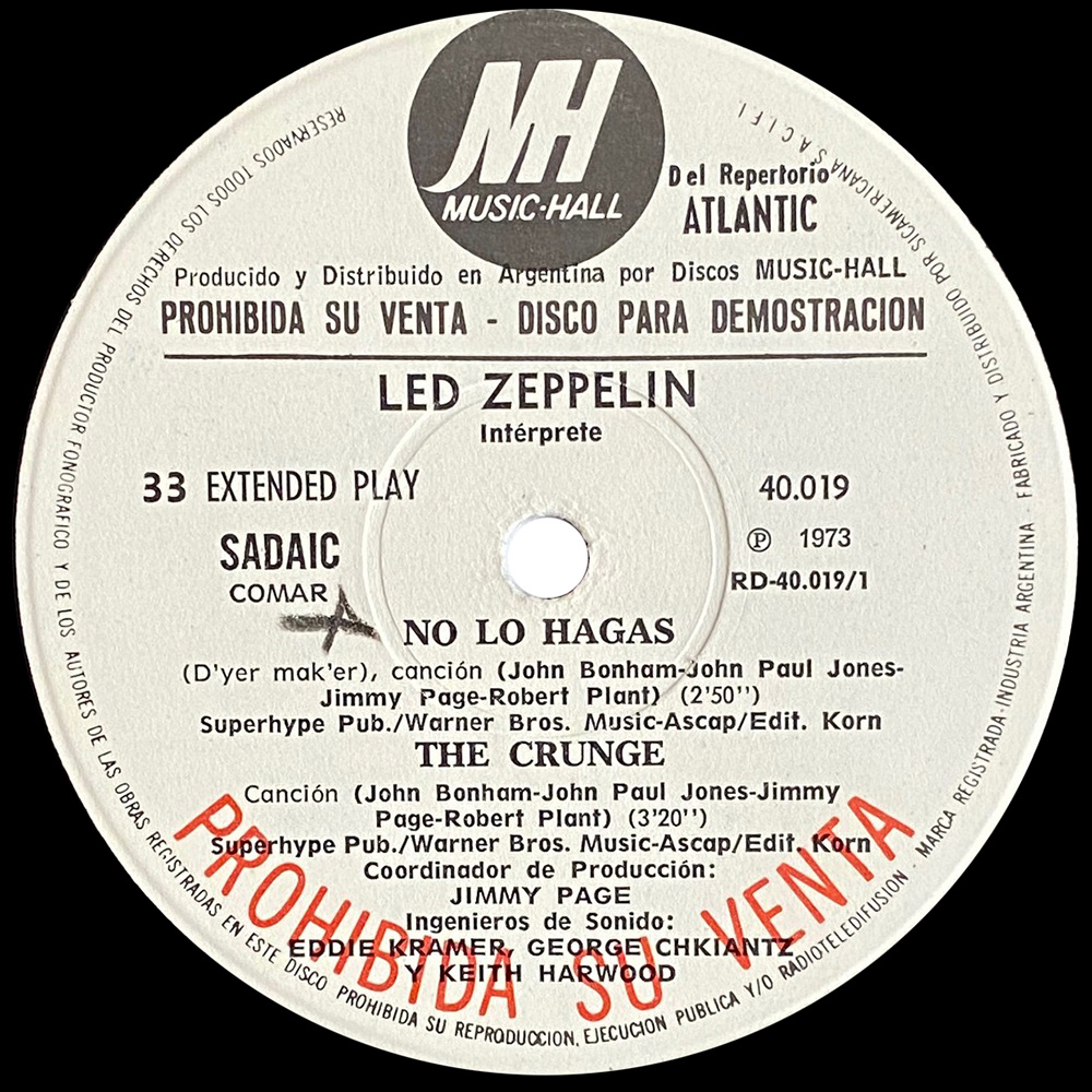 Single <br>Argentina (40.019) <br>D'yer Maker / The Crunge / The Ocean / No Quarter (Promo) - Image 2