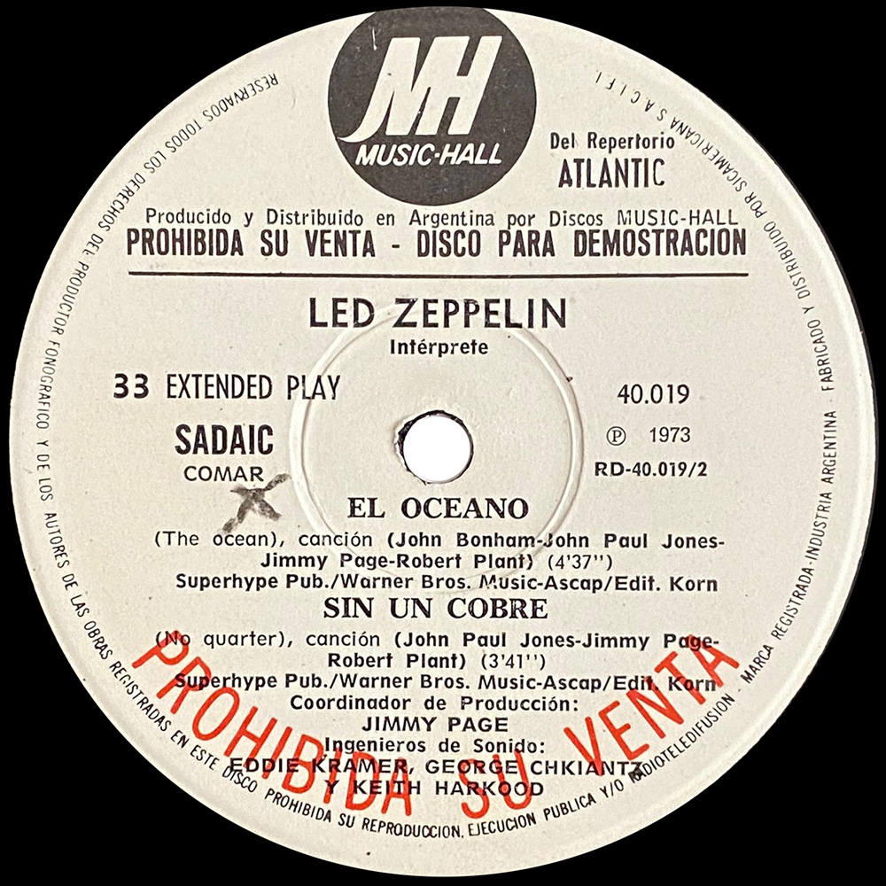 Single <br>Argentina (40.019) <br>D'yer Maker / The Crunge / The Ocean / No Quarter (Promo) - Image 3