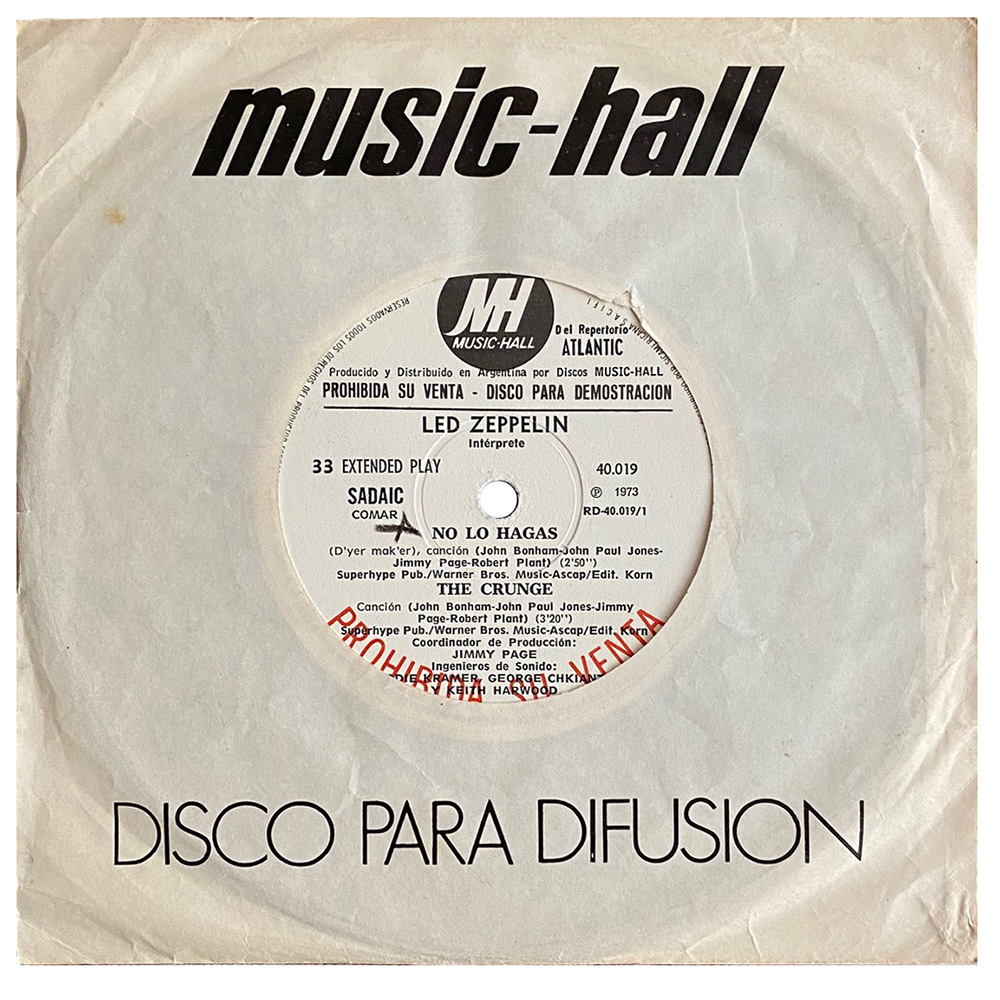 Single <br>Argentina (40.019) <br>D'yer Maker / The Crunge / The Ocean / No Quarter (Promo)