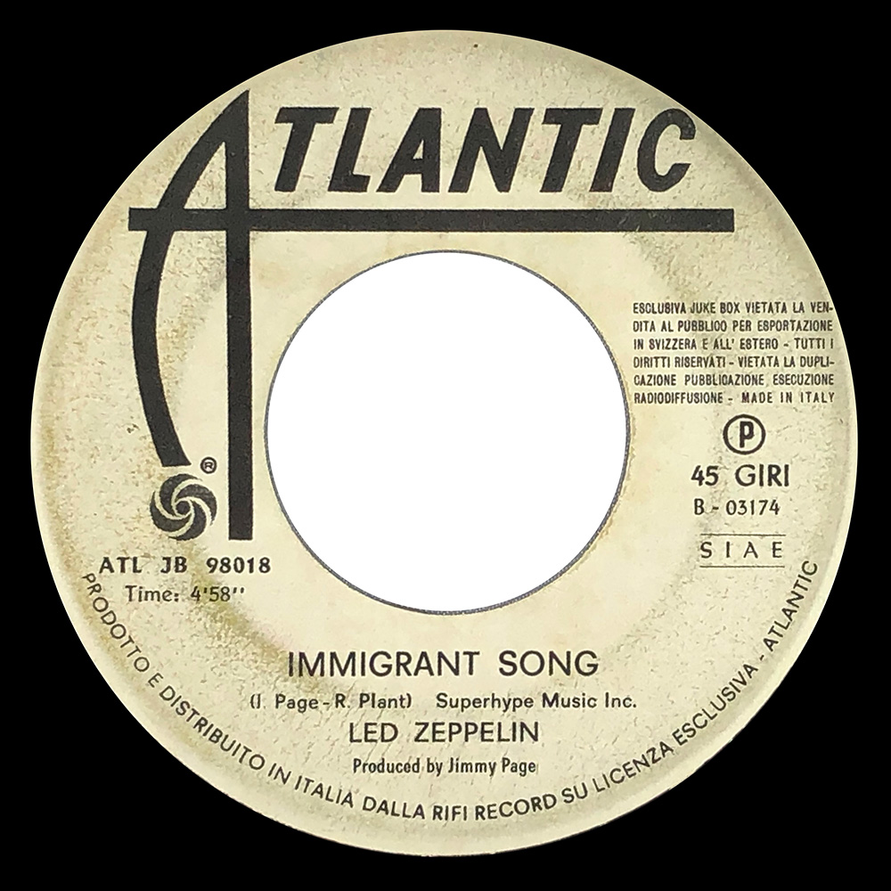 Single <br>Italy (ATL JB 98018) <br>Bron-y-Aur Stomp / Immigrant Song (promo #1) - Image 3