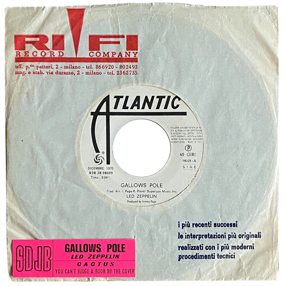 Single <br>Italy (RJB JB 98025) <br>Gallows Pole / You Can't Judge a Book By The Cover (promo) - Image 3