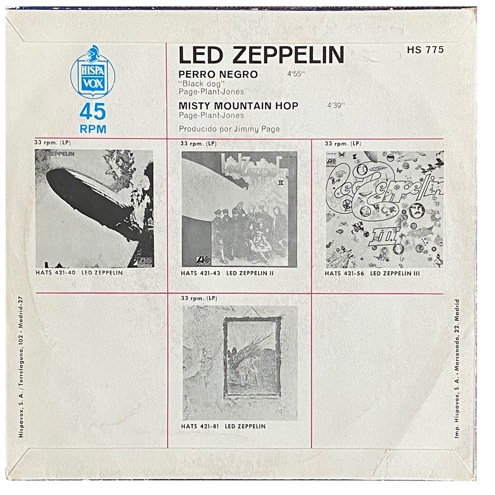 Single <br>Spain (HS-775) <br>Black Dog / Misty Mountain Hop (#1) - Image 2