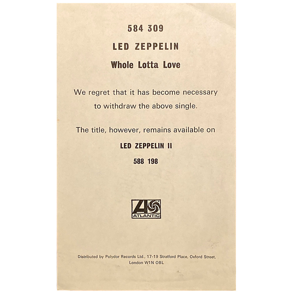 Whole Lotta Love (1969) <br>Polydor Withdrawn Letter (UK)