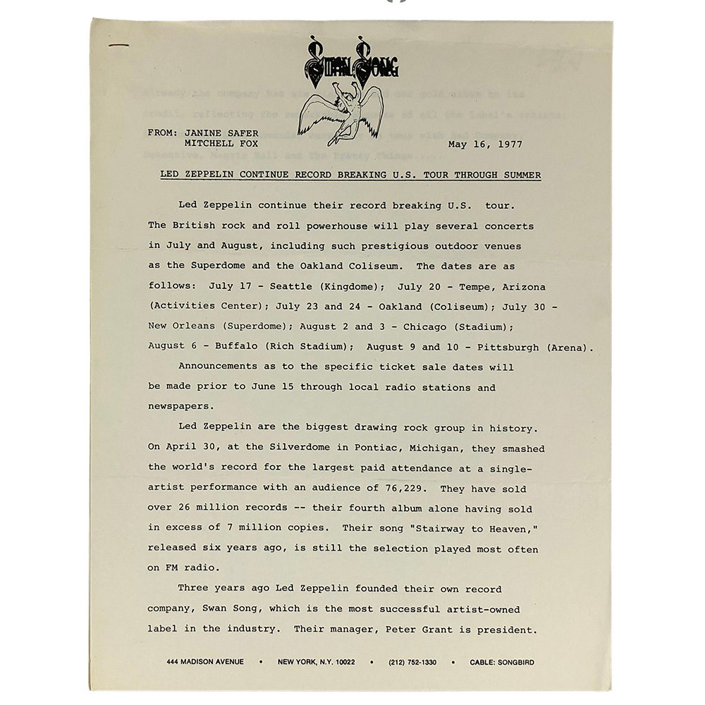 Concert Rarity <br>1977.05.16 <br>Press Release, Record Breaking Tour