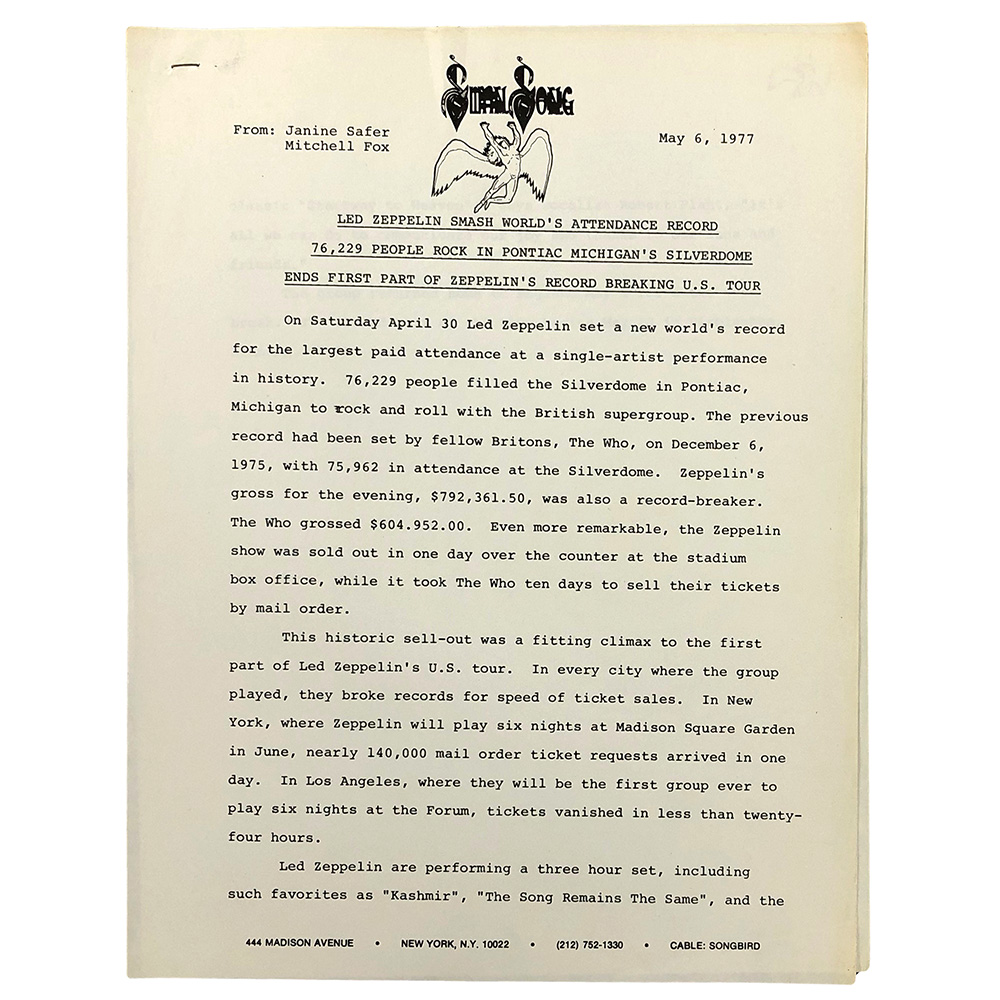Concert Rarity <br>1977.05.06 <br>Press Release, Smash Attendance Record