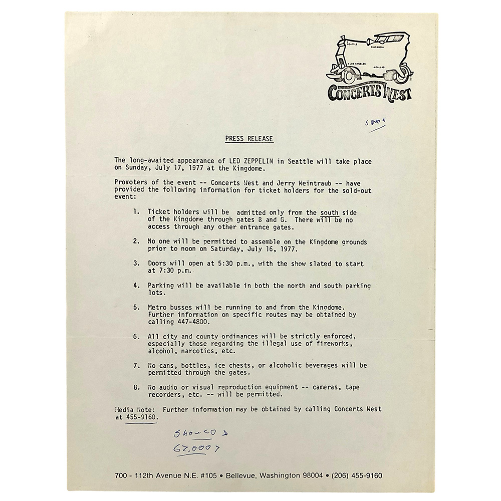 Concert Rarity <br>1977.07.17 <br>Seattle, Press Release