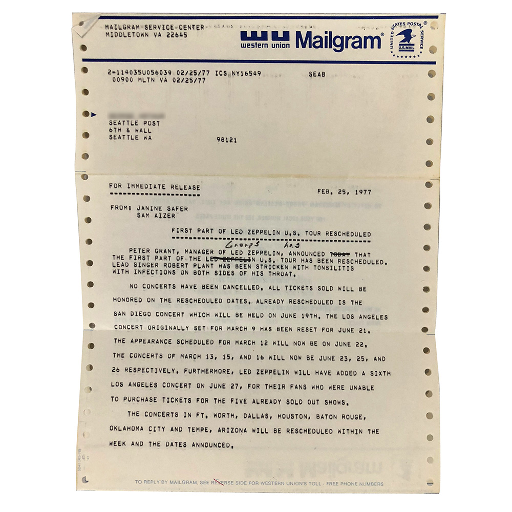 Concert Rarity <br>1977.02.25 <br>Press Release, US Tour Rescheduled