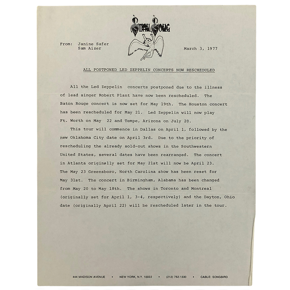 Concert Rarity <br>1977.03.03 <br>Press Release, All Concerts Now Rescheduled