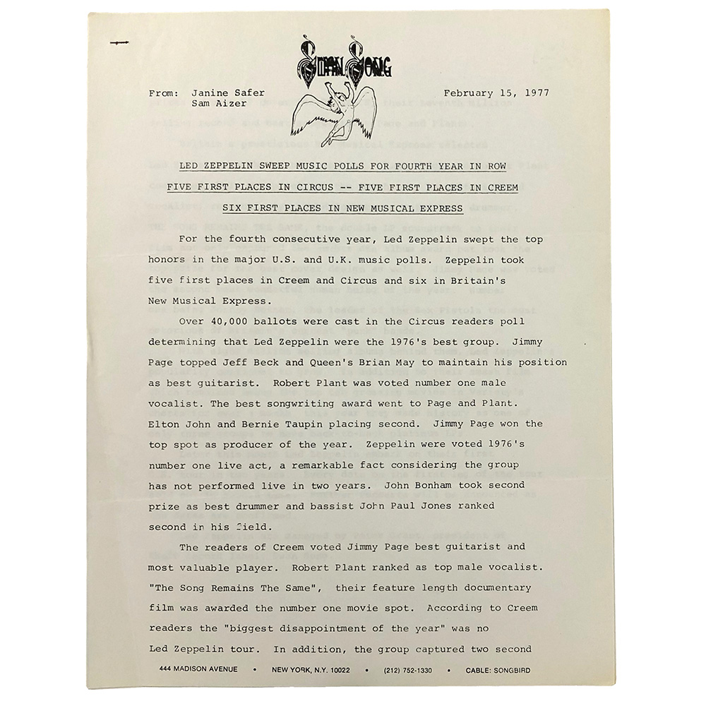 Press Release (1977) <br>"Sweeps Music Polls" (USA)