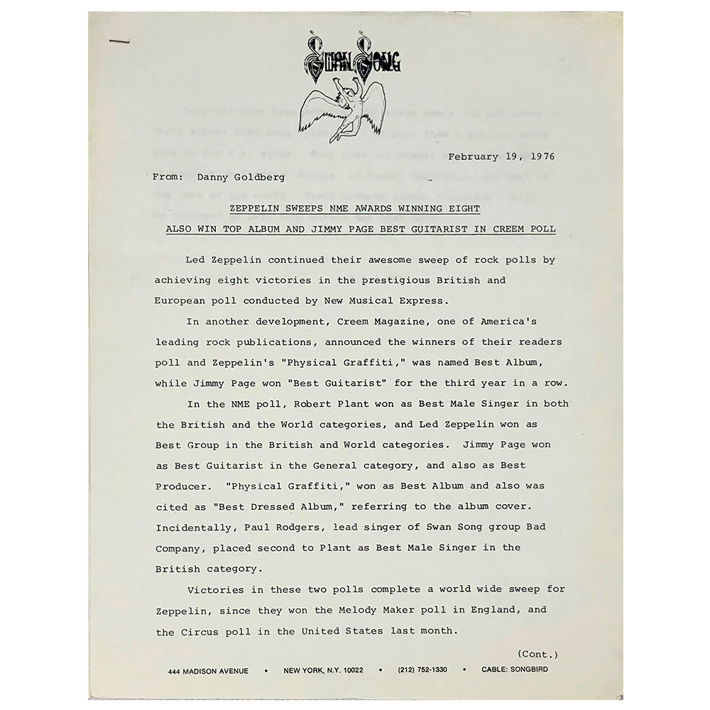 Press Release (1976) <br>"Sweeps NME Awards" (USA)