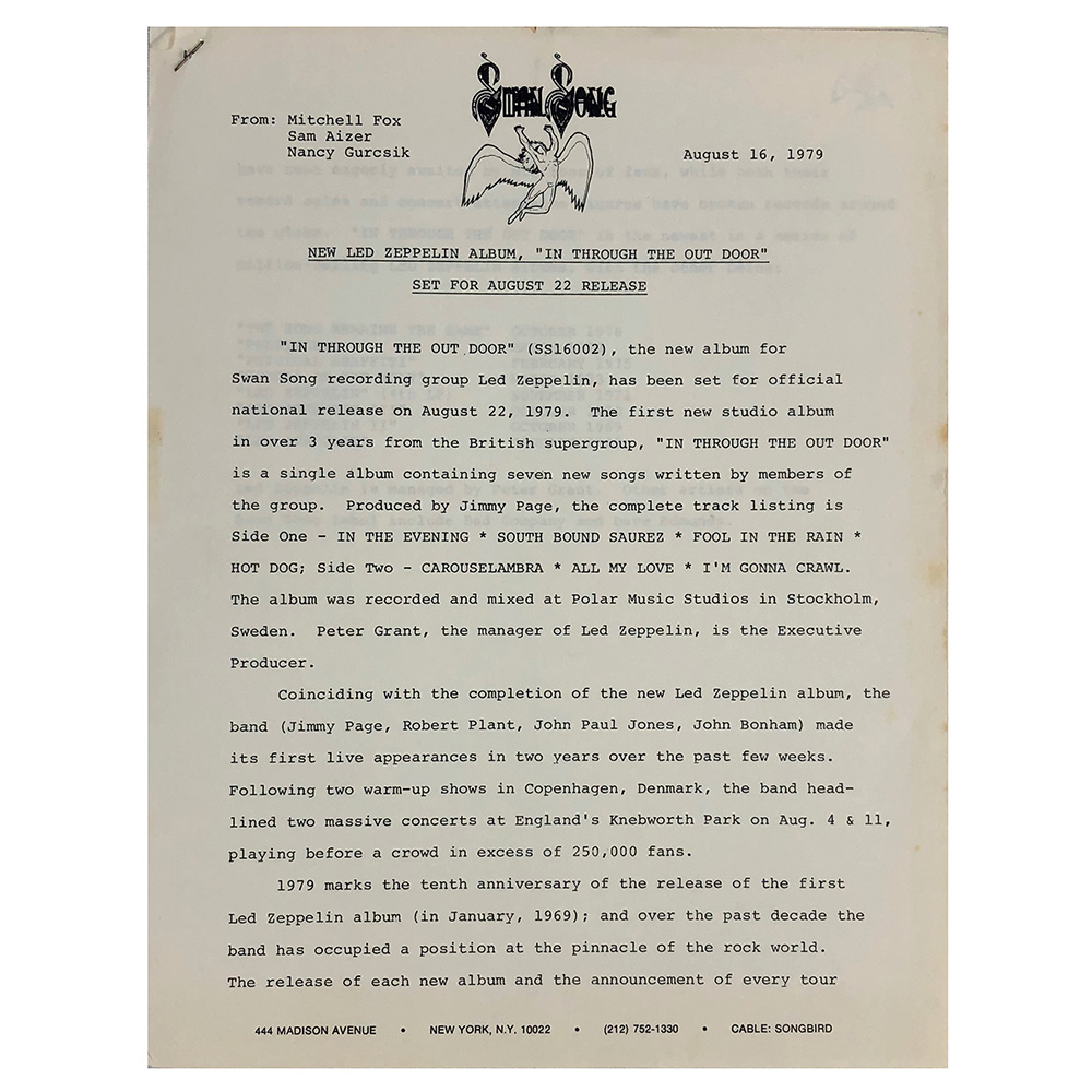 Press Release (1979) <br>"New Led Zeppelin Album" (USA)
