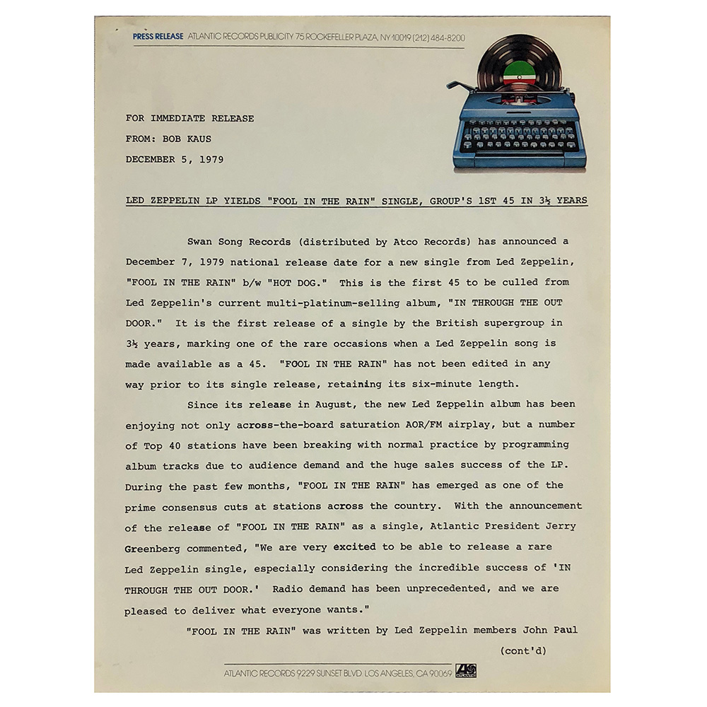 Press Release (1979) <br>Fool in the Rain Single (USA)