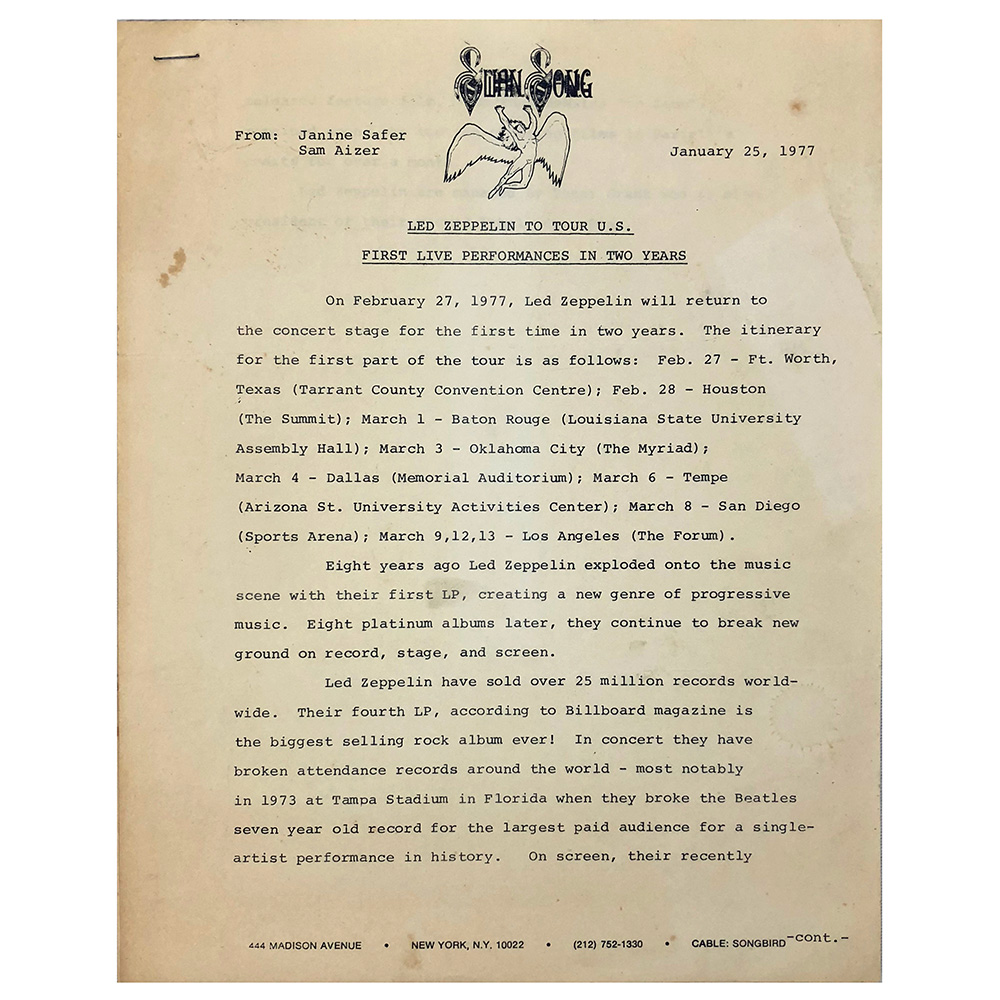 Concert Rarity <br>1977.01.25 <br>Press Release, First US Tour in Two Years