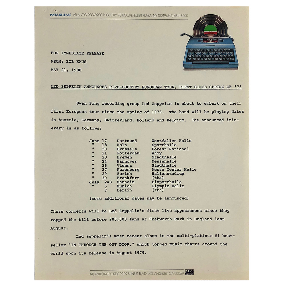 Concert Rarity <br>1980.05.21 <br>Press Release, Announces European Tour