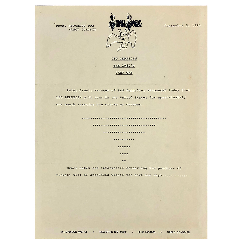 Concert Rarity <br>1980.09.05 <br>Press Release, The 1980's Part One