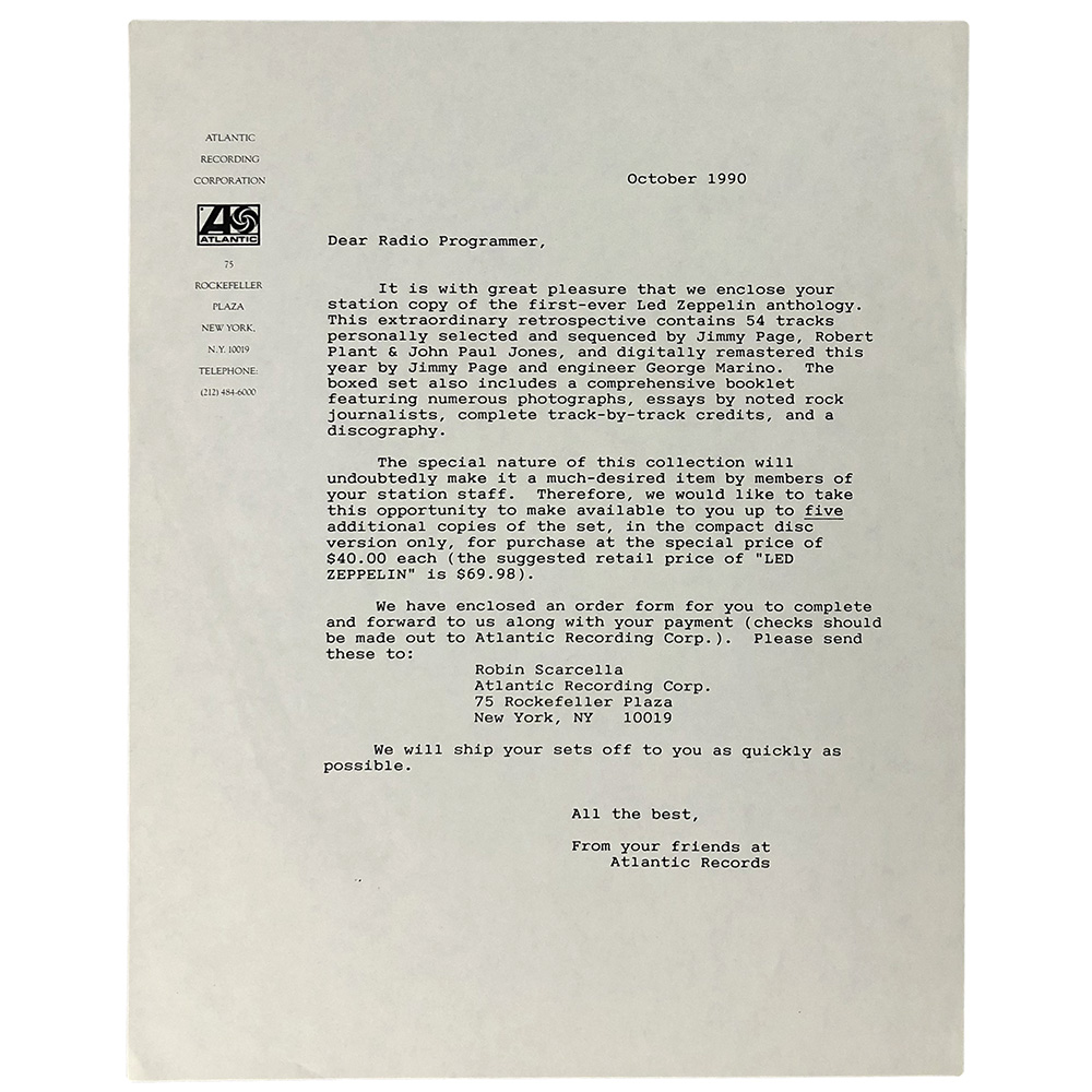 Boxed Set <br>Atlantic Records Letter to Radio Programmers (USA)