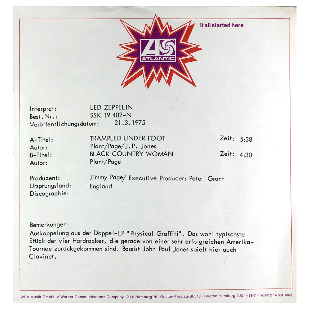 Single <br>Germany (SSK19402) <br>Trampled Under Foot / Black Country Woman (Promo) - Image 2