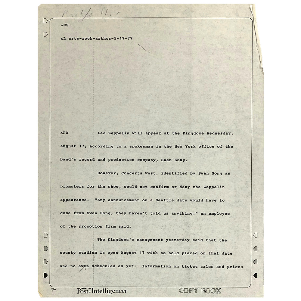 Concert Rarity <br>1977.07.17 <br>Seattle, Press Release