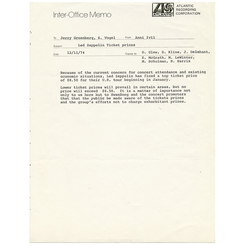 Concert Rarity <br>1974.12.11 <br>Inter-Office Memo, Ticket Prices