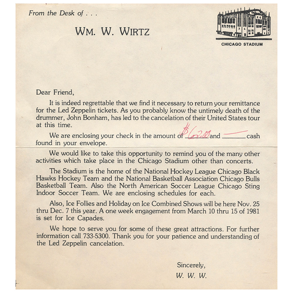 Concert Rarity <br>1980.10.15 <br>Chicago, Refund Letter