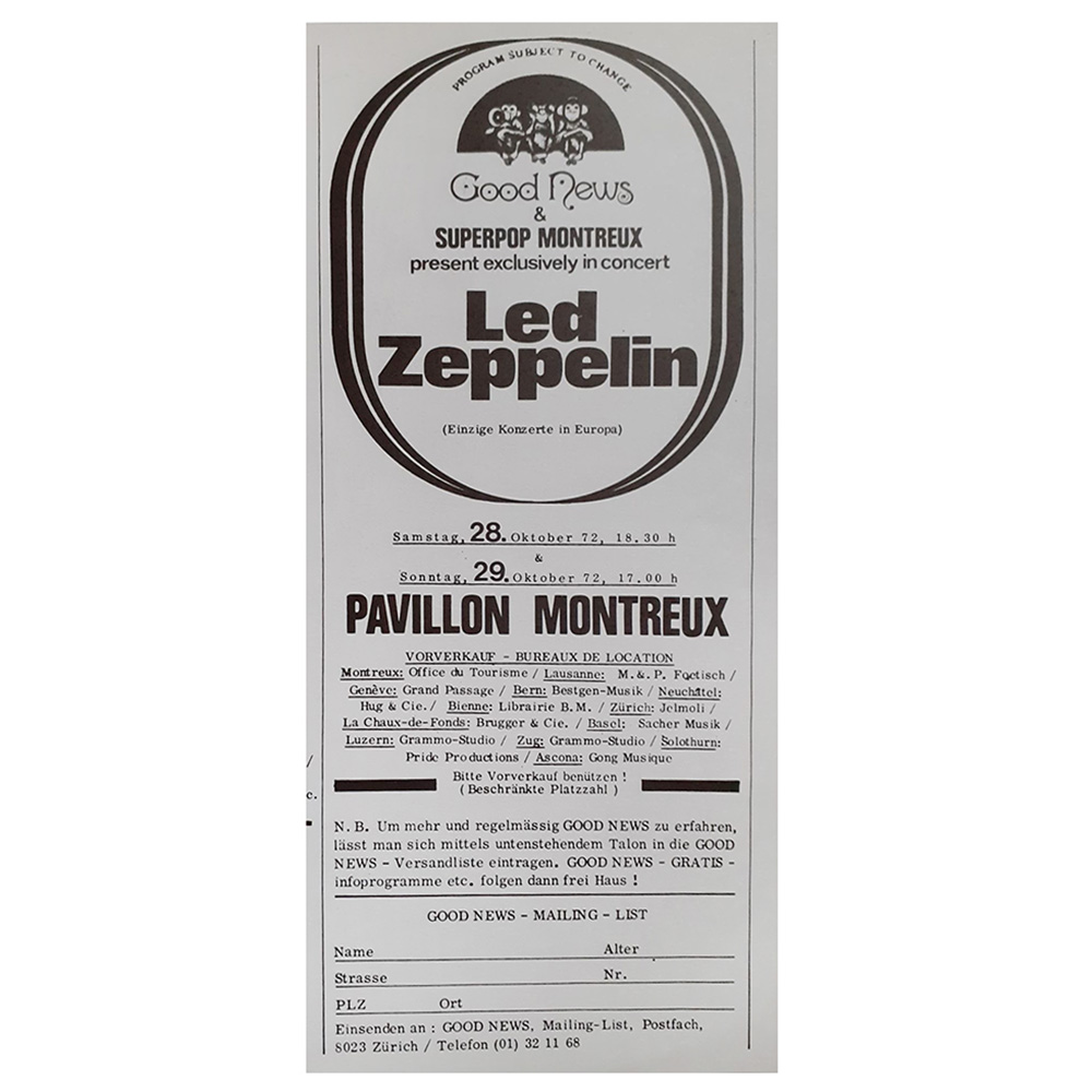 Concert Advertisement <br>1972.10.28 <br>Montreux, CH (Ad)