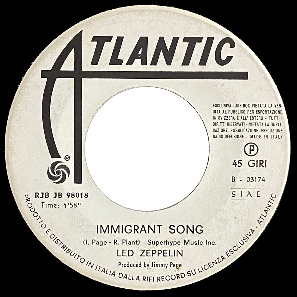 Single <br>Italy (RJB JB 98018) <br>Bron-y-Aur Stomp / Immigrant Song (Promo) - Image 3