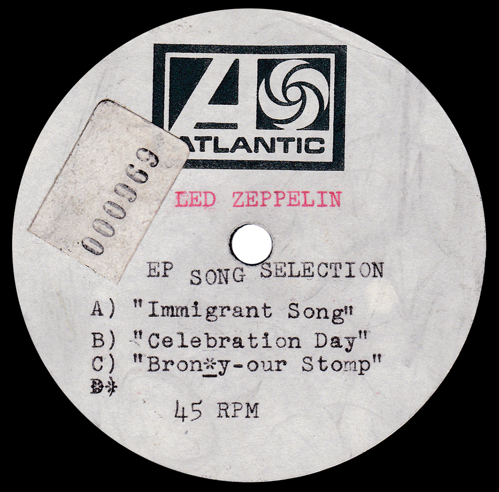 Single <br>South Africa (ATS-PRM.046) <br>Immigrant Song / Celebration Day / Bron-Y-Aur Stomp (Acetate) - Image 2
