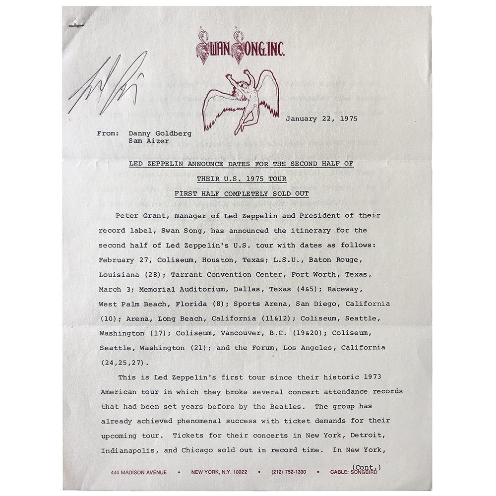 Concert Rarity <br>1975.01.22 <br>Press Release, Announces Dates for Second Leg