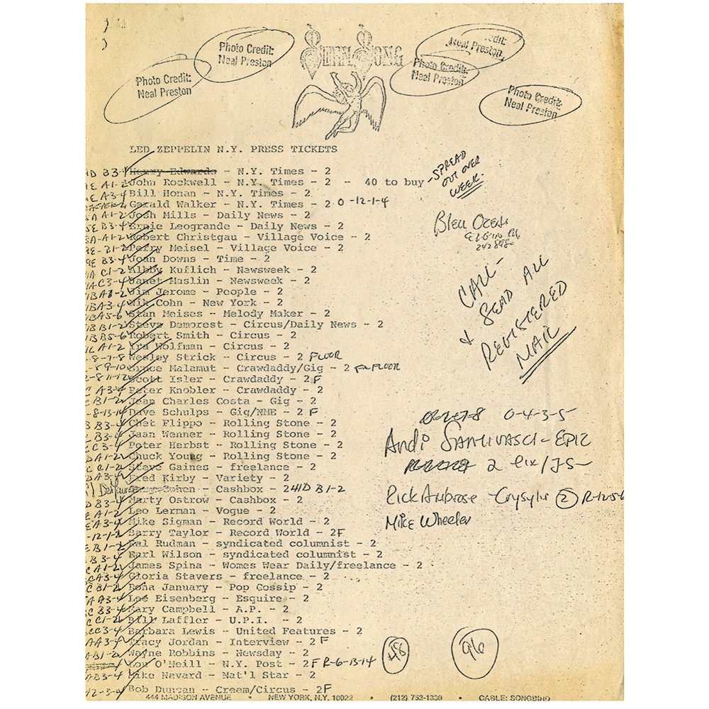 Concert Rarity <br>1977.06 <br>New York, Press Ticket Distribution List