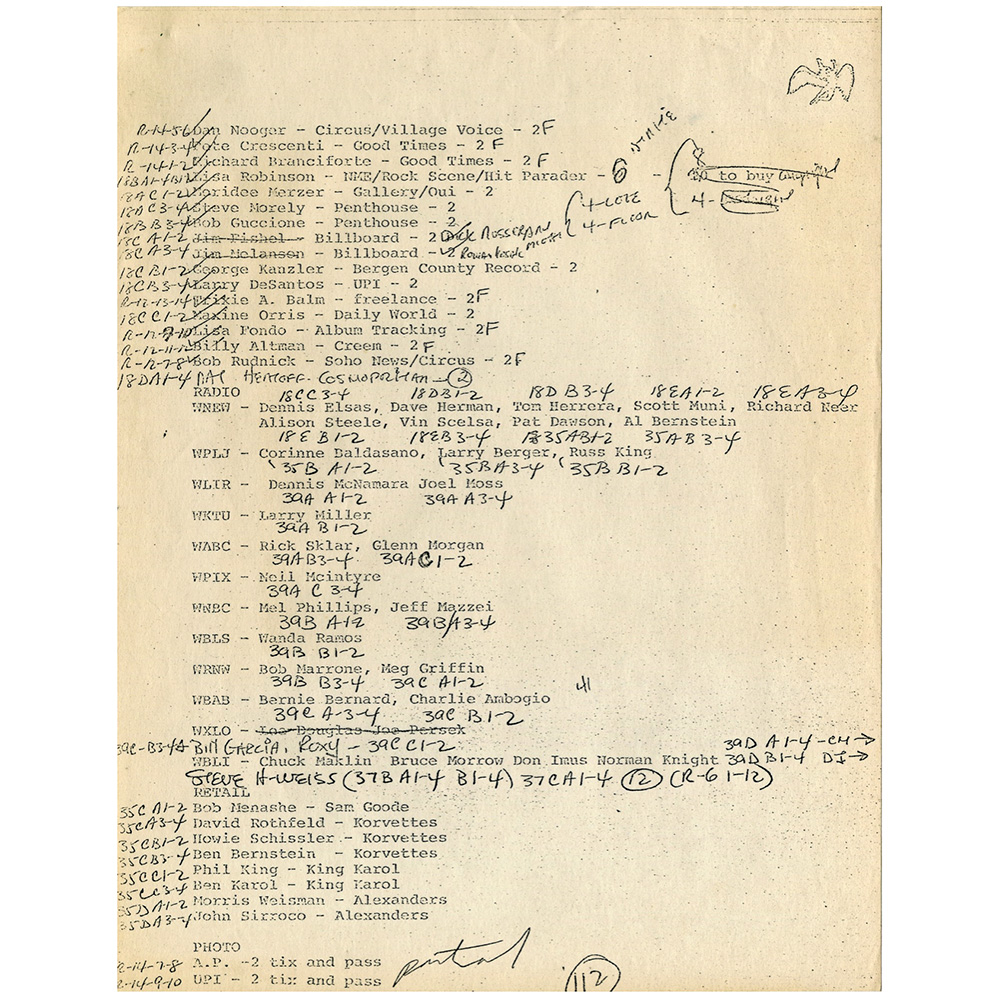 Concert Rarity <br>1977.06 <br>New York, Press Ticket Distribution List - Image 2