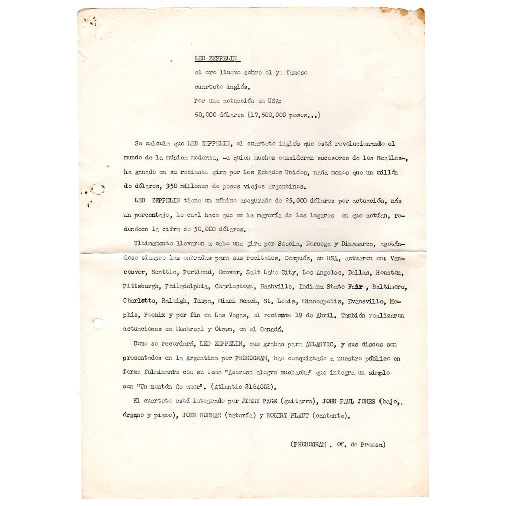 Whole Lotta Love (1969) <br>Phonogram Press Release (Argentina)