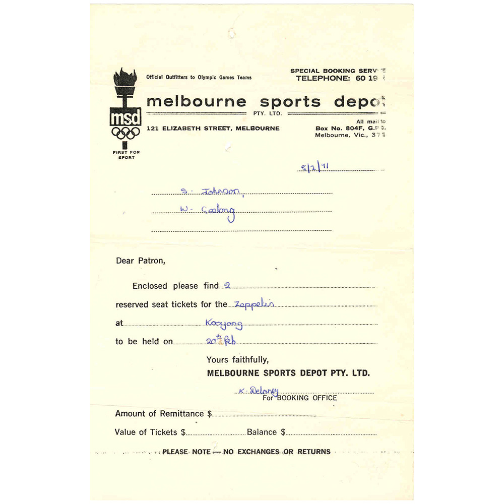 Concert Rarity <br>1972.02.20 <br>Melbourne, Ticket Confirmation Letter