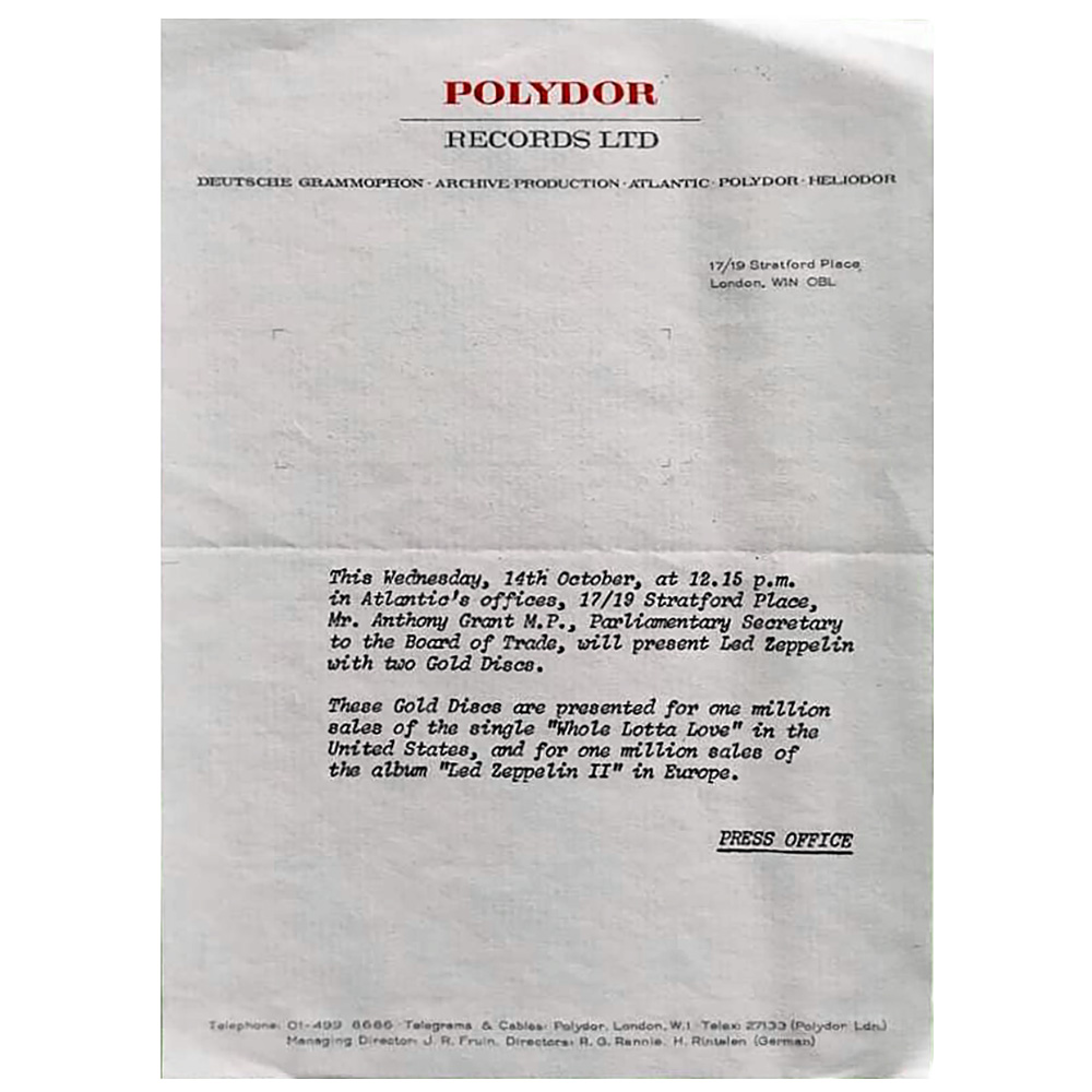 Whole Lotta Love (1969) <br>Polydor Press Release Letter (UK)
