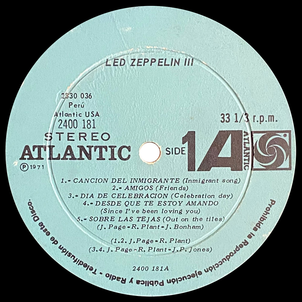 LP <br>Led Zeppelin III <br>Peru (2400 181) #1 - Image 3