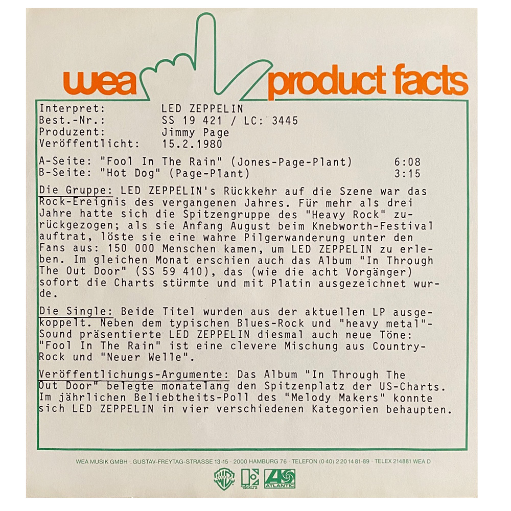In Through the Out Door (1979) <br>Fact Sheet, Promo (Germany)