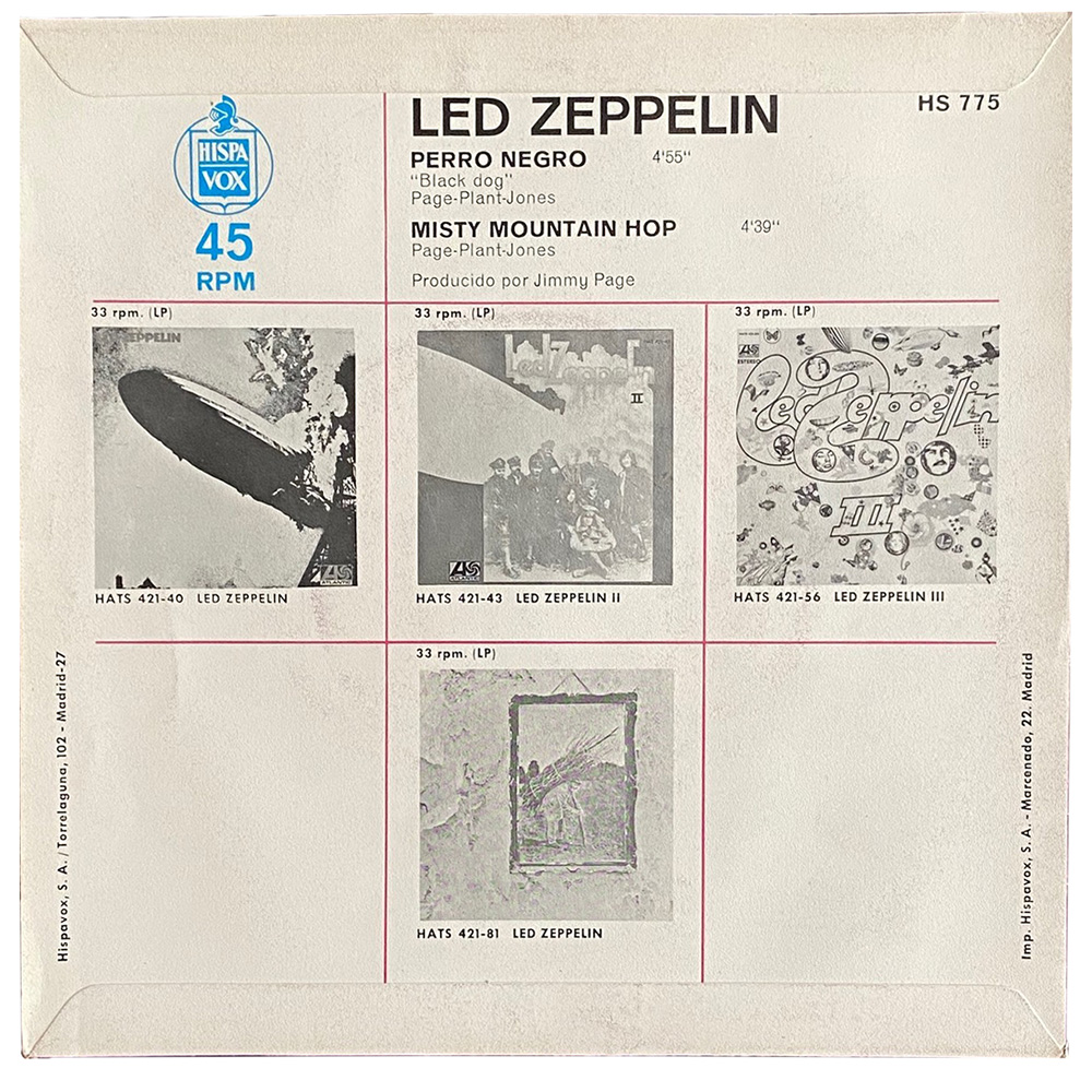 Single <br>Spain (HS-775) <br>Black Dog / Misty Mountain Hop (#2) - Image 2