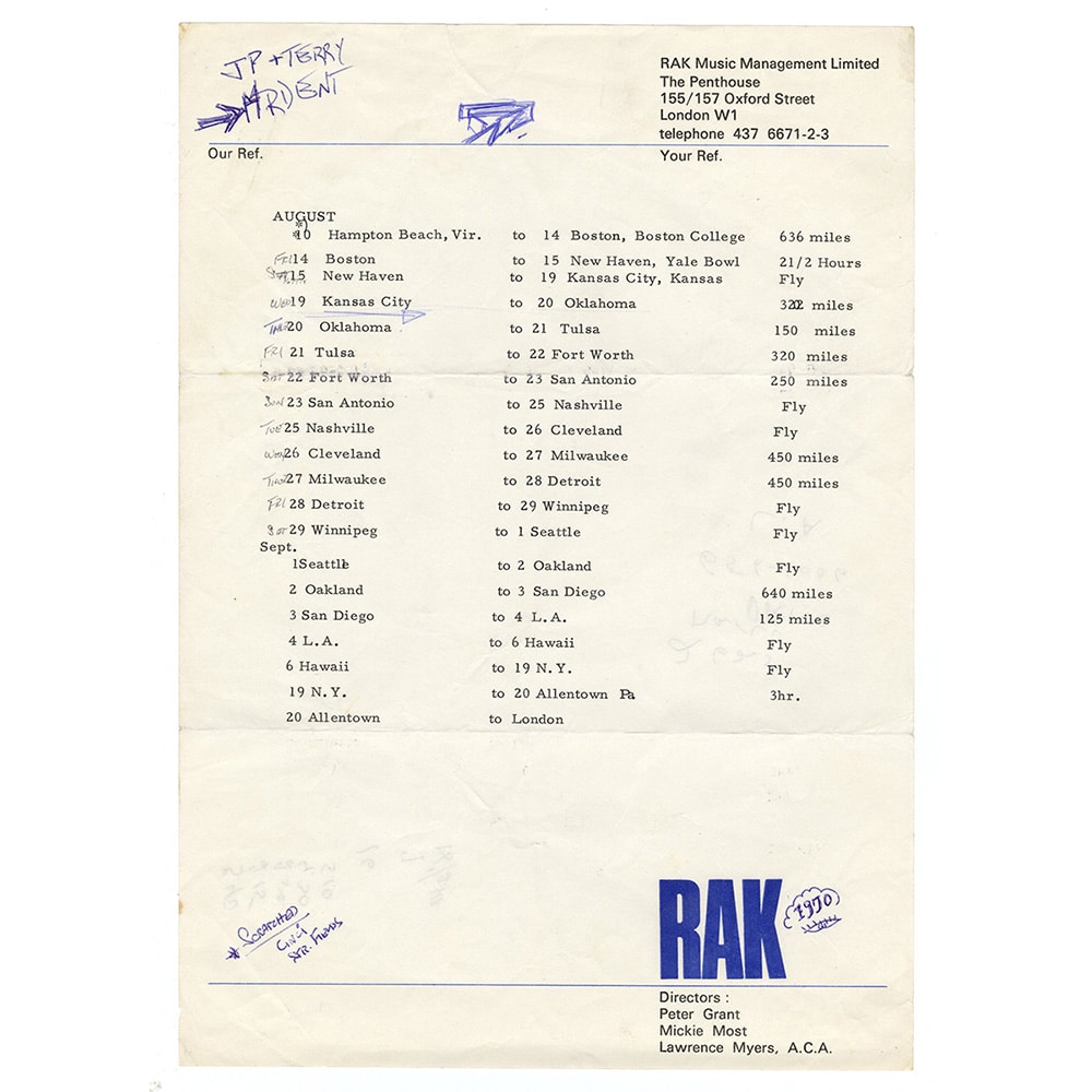 Concert Rarity <br>1970 <br>US Tour Itinerary