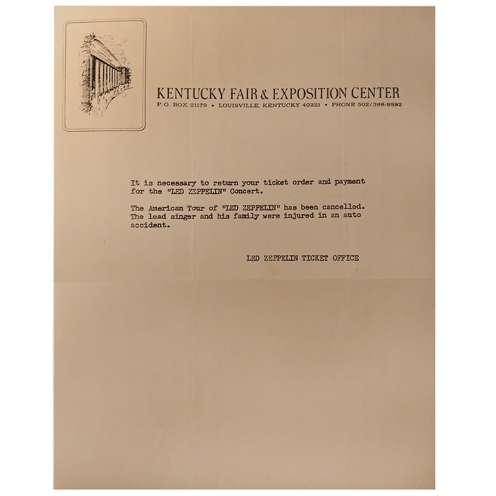 Concert Rarity <br>1975.09.02 <br>Lousiville, Refund Letter