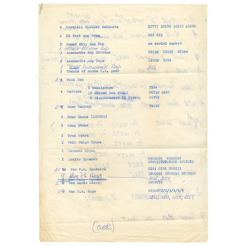Concert Rarity <br>1970 <br>US Tour Equipment List - Image 2