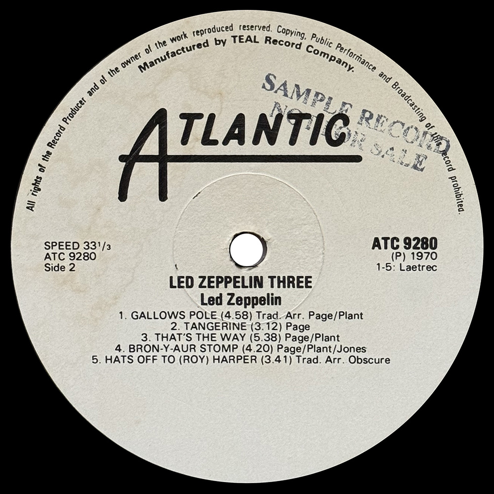 LP <br>Led Zeppelin III <br>Rhodesia (ATC 9280) Promo - Image 2