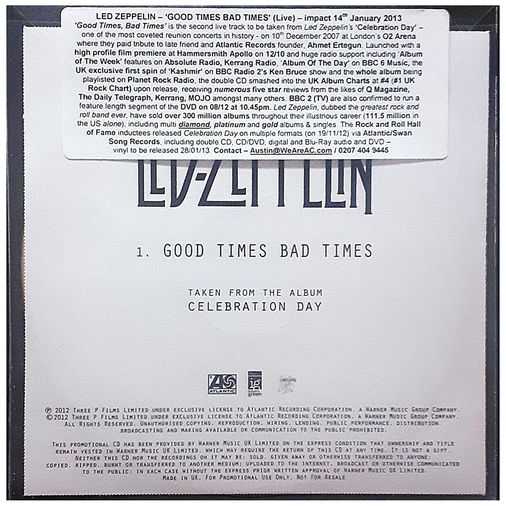 Celebration Day <br>CD, Promotional, Good Times Bad Times (UK)